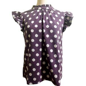 NWT Voy Purple Polka Dot Ruffle Sleeve Top W/ Back Neck Tie Size SMALL